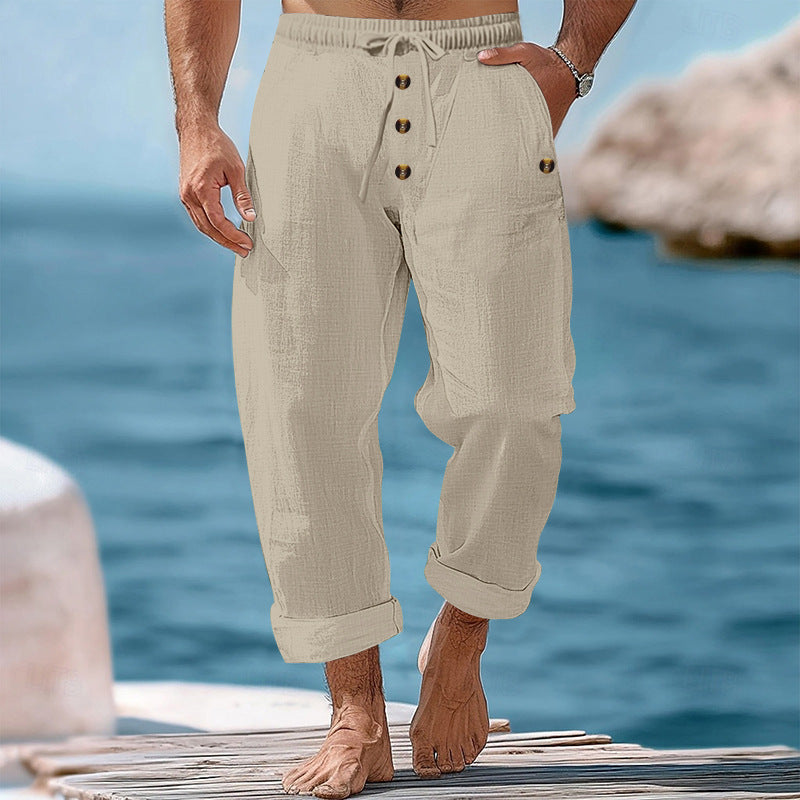 Men's casual linen-cotton pants with elastic waistband, drawstring, and rolled-up hem StylebySassy