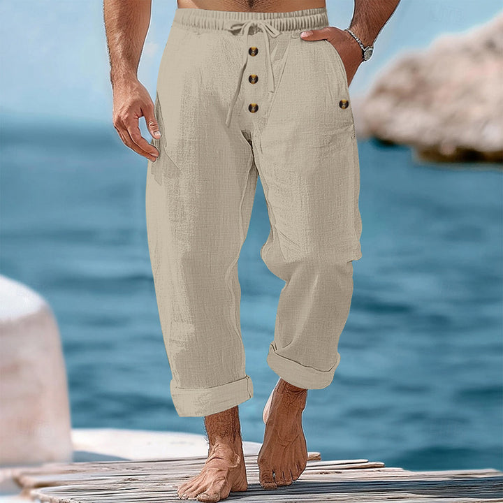 Men's casual linen-cotton pants with elastic waistband, drawstring, and rolled-up hem StylebySassy