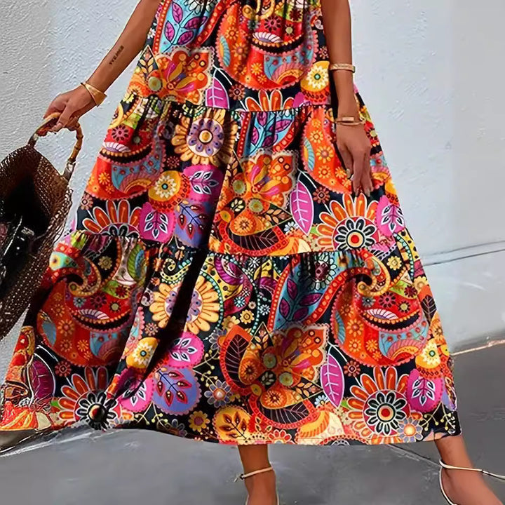 Women's layered Boho maxi dress with V-neck and gathered underbust seam StylebySassy