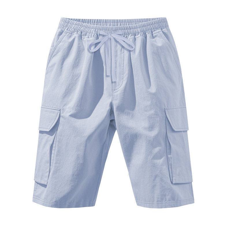 Men's knee-length utility shorts made of lightweight cotton blend with elastic drawstring waistband and patch flap pockets StylebySassy