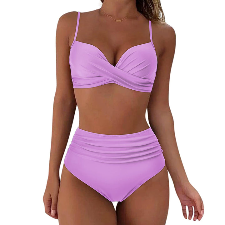 Women's High-Waisted Bikini Set with Floral Top and Gathered Bottom StylebySassy