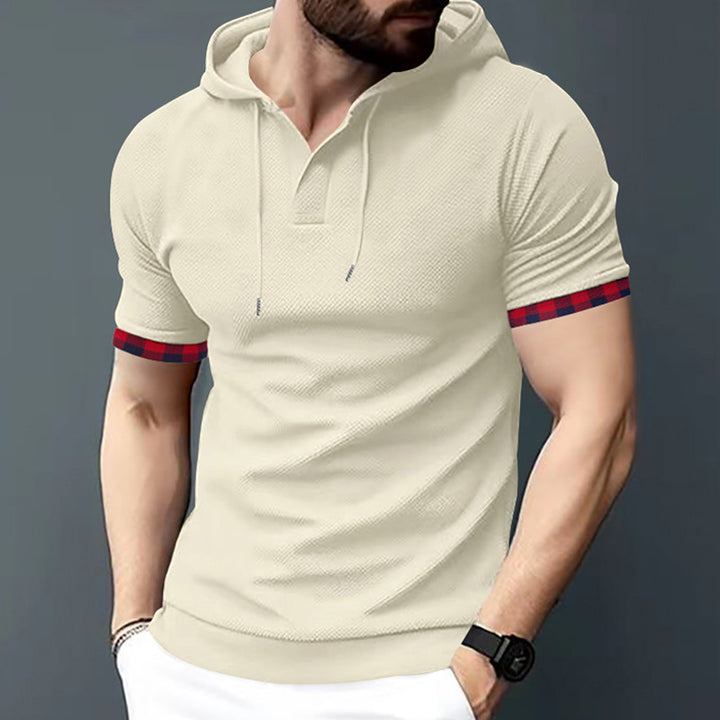 Men's fitted short sleeve hooded polo shirt with Henley placket and drawstring StylebySassy