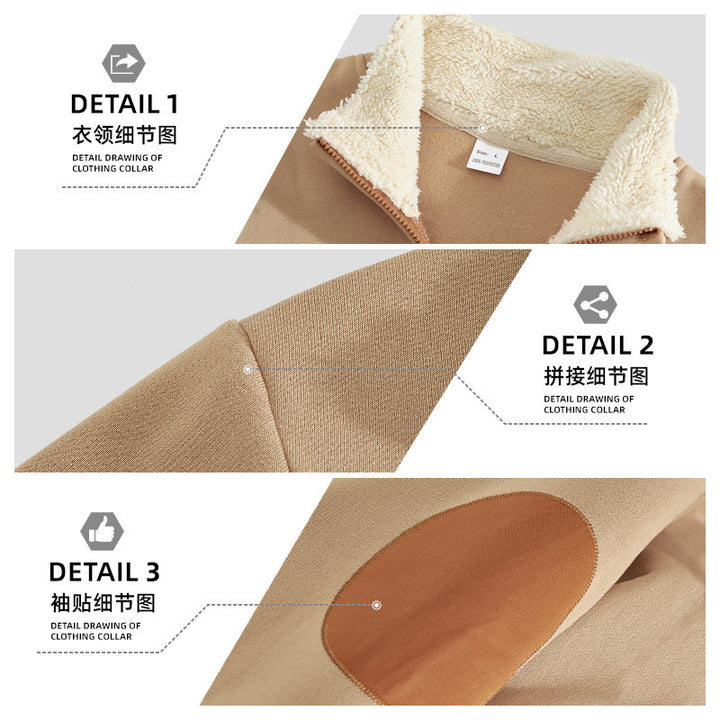 Men's Sherpa-lined half-zip pullover with stand-up collar and leather elbow patches StylebySassy