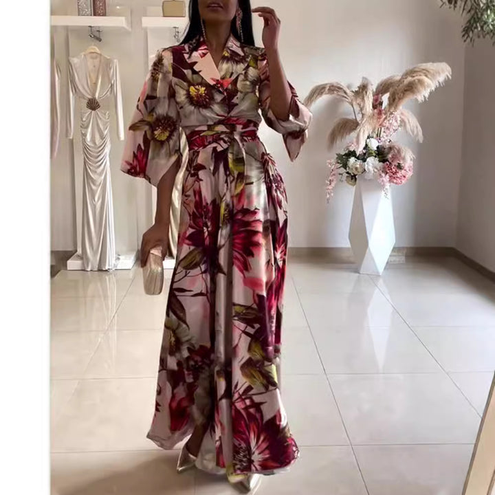 Ladies nan maxi dress with shawl collar, kimono sleeves and waist-defining tie belt StylebySassy