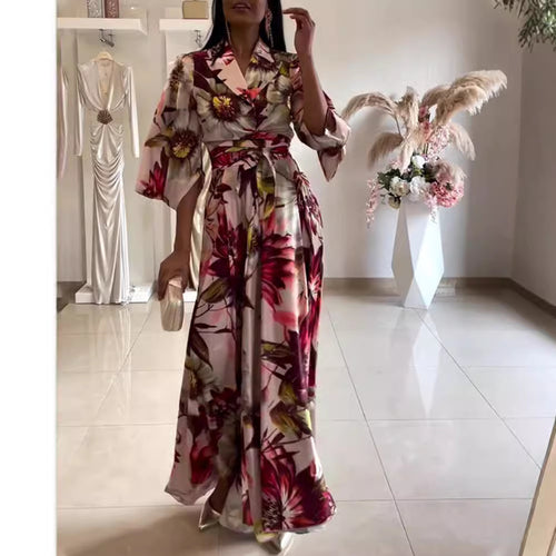 Ladies nan maxi dress with shawl collar, kimono sleeves and waist-defining tie belt StylebySassy