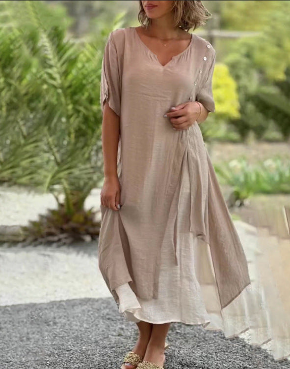 Women's double-layer shirt dress with asymmetric layered skirt, side decorative button placket, and drawstring StylebySassy