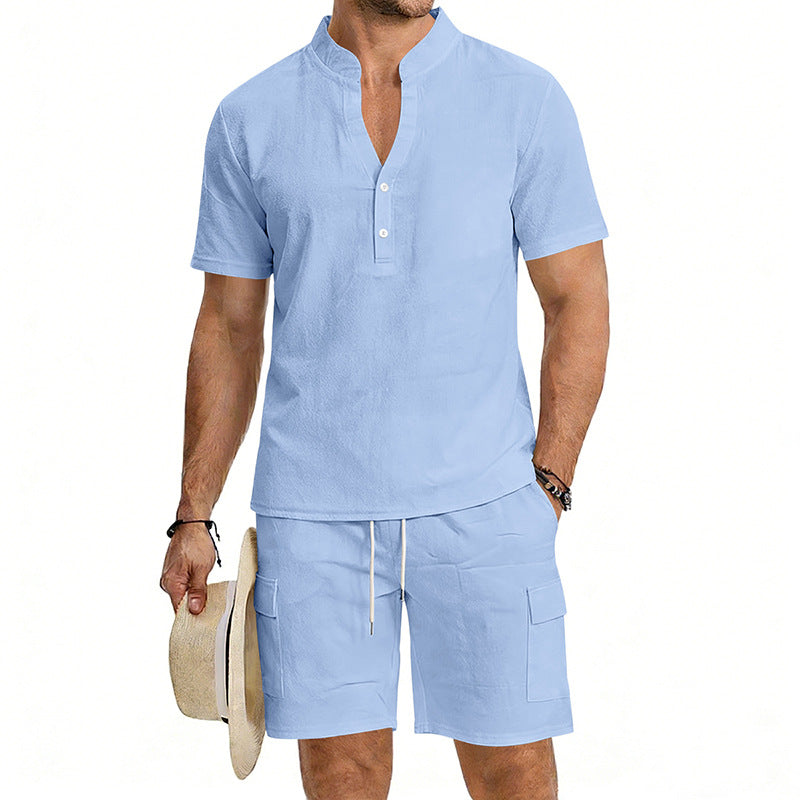 Men's lightweight short sleeve shirt with mandarin collar and half button placket StylebySassy