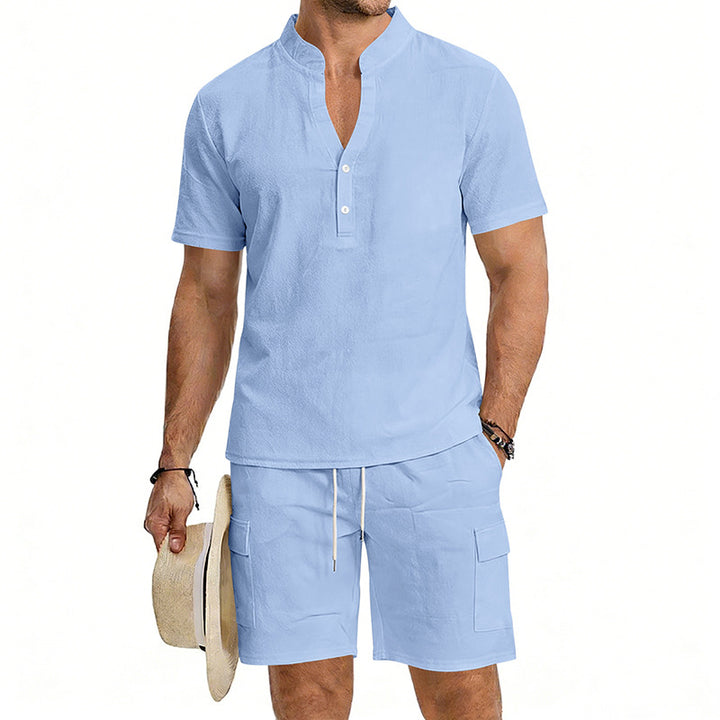 Men's lightweight short sleeve shirt with mandarin collar and half button placket StylebySassy