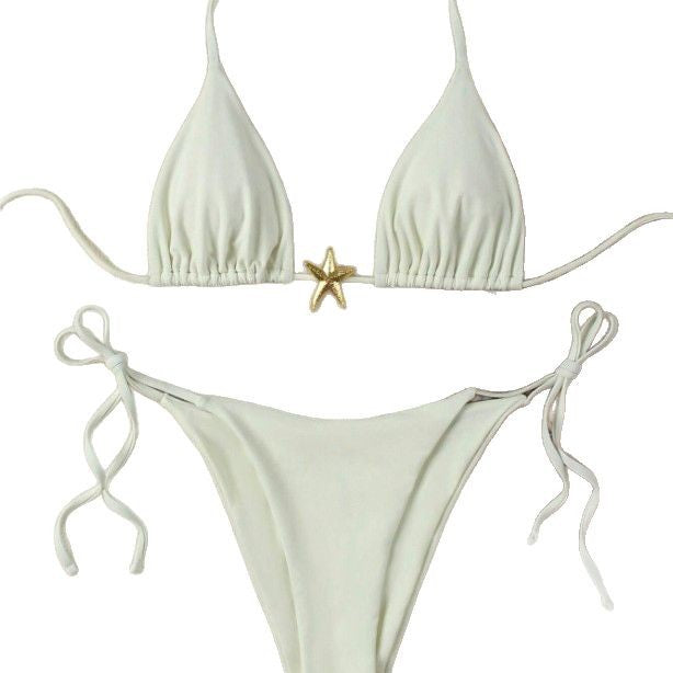 Women's Triangle Bikini Set with Adjustable Straps and Decorative Jewelry Element StylebySassy