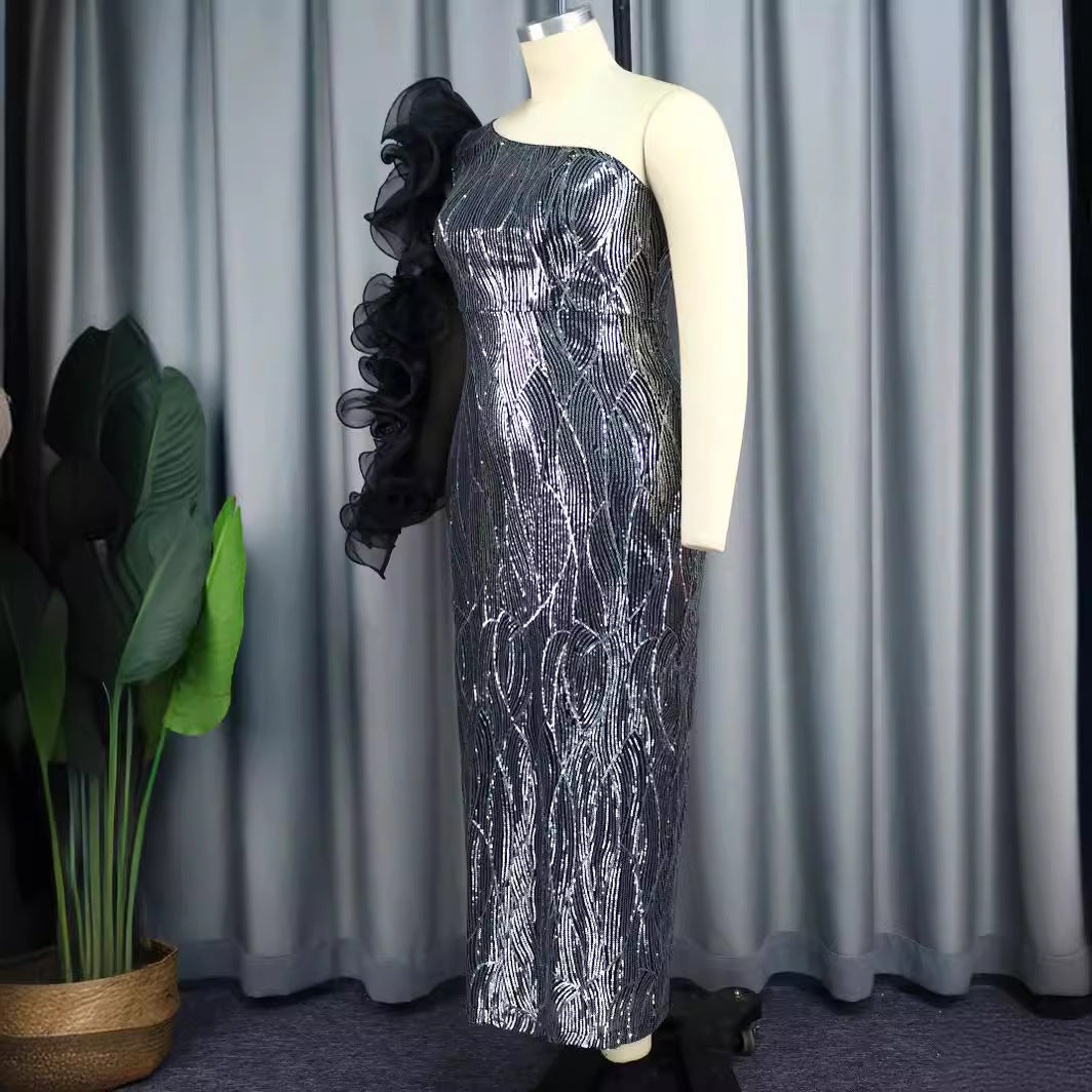 Women's Glittering Evening Dress with Asymmetrical Cut and Voluminous Ruffle Details StylebySassy