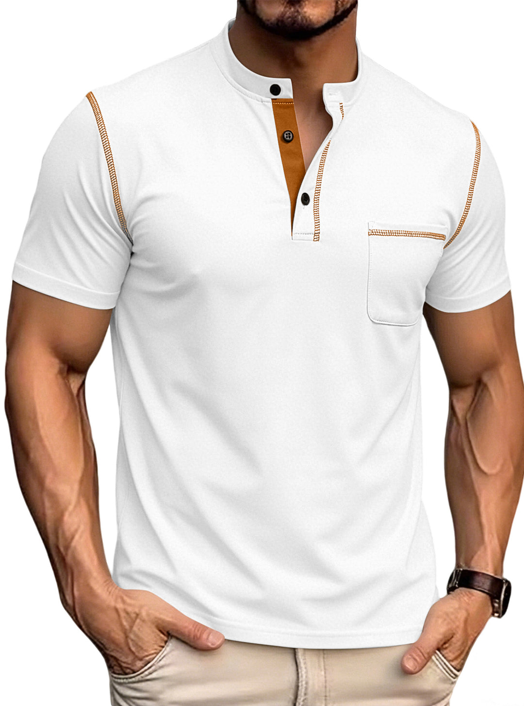 Men's short-sleeved Henley shirt with stand-up collar, chest pocket, and contrasting decorative stitching StylebySassy
