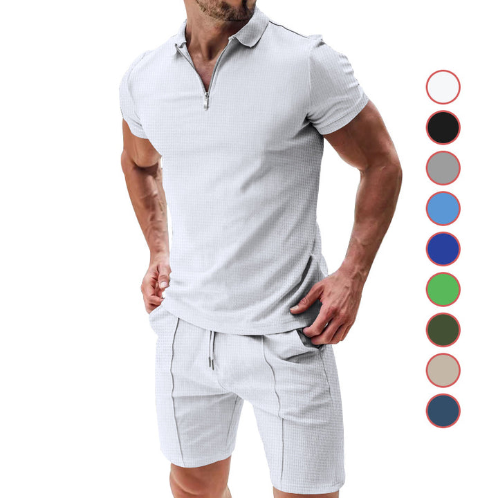 Men's casual polo shirt and chino shorts set with half zipper, textured jersey and subtle crease StylebySassy