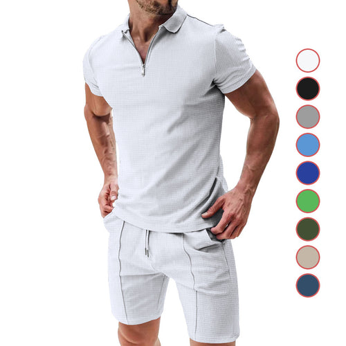 Men's casual polo shirt and chino shorts set with half zipper, textured jersey and subtle crease StylebySassy