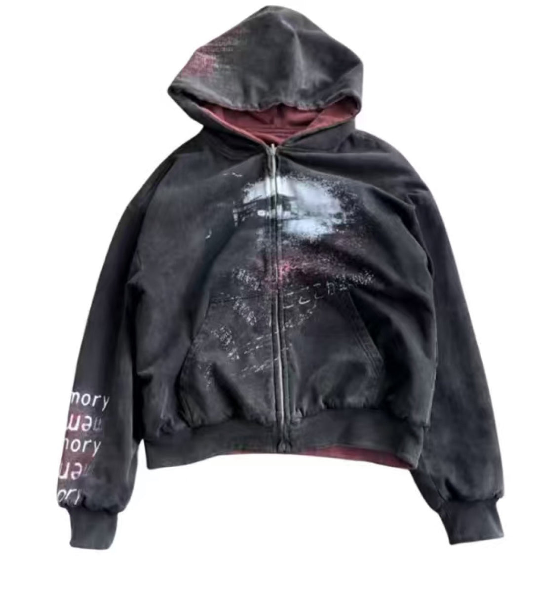 Unisex nan Hooded jacket with continuous zipper, used effect, double-layer hood and sleeve print StylebySassy