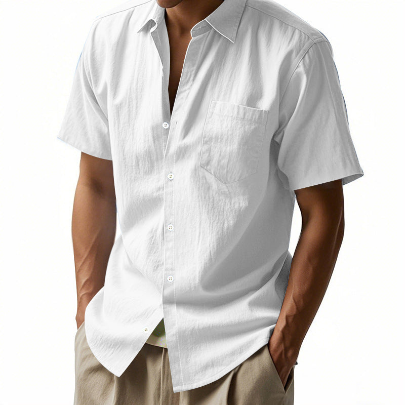 Men's short-sleeved textured shirt made of breathable slub linen with a spread collar, chest pocket, and straight hem StylebySassy