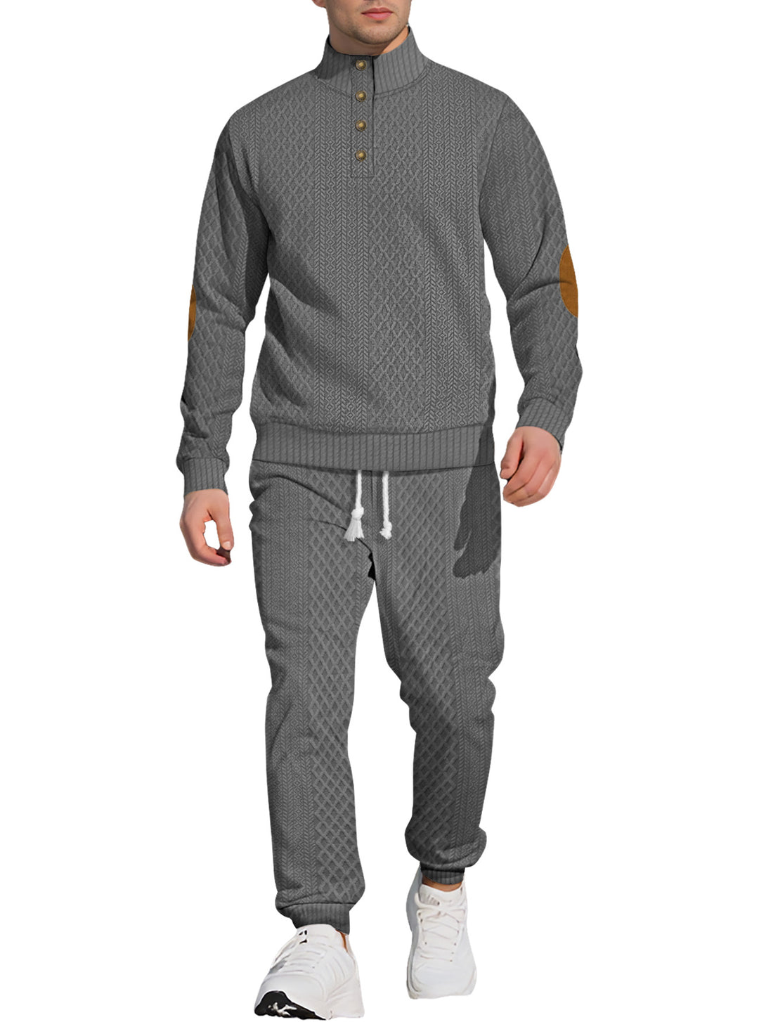 Men's patterned knit leisure set with half-button stand collar suede elbow patches and drawstring joggers StylebySassy