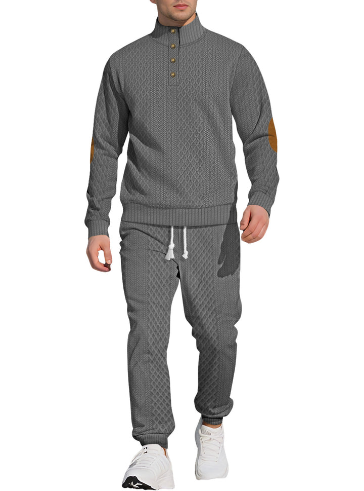 Men's patterned knit leisure set with half-button stand collar suede elbow patches and drawstring joggers StylebySassy