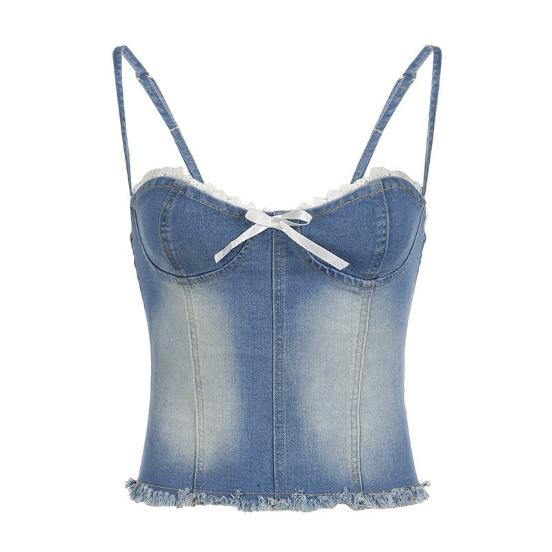 Women's denim crop top with ruffle details and delicate lace-up closure StylebySassy