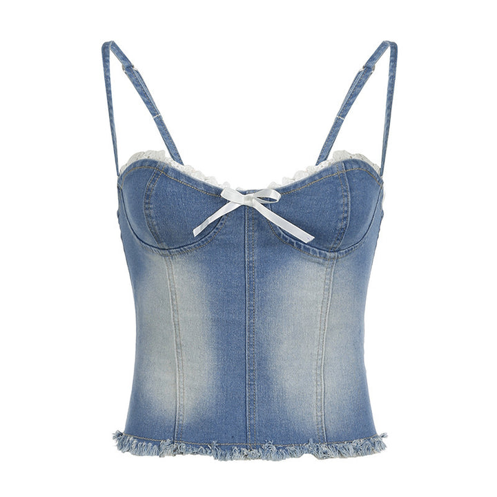 Women's denim crop top with ruffle details and delicate lace-up closure StylebySassy
