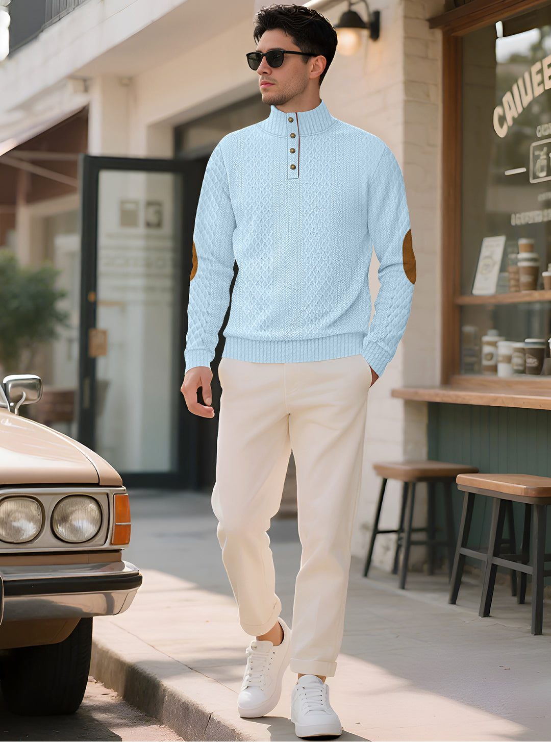 Men's noble button sweater in cable pattern with high stand-up collar and suede elbow patches StylebySassy