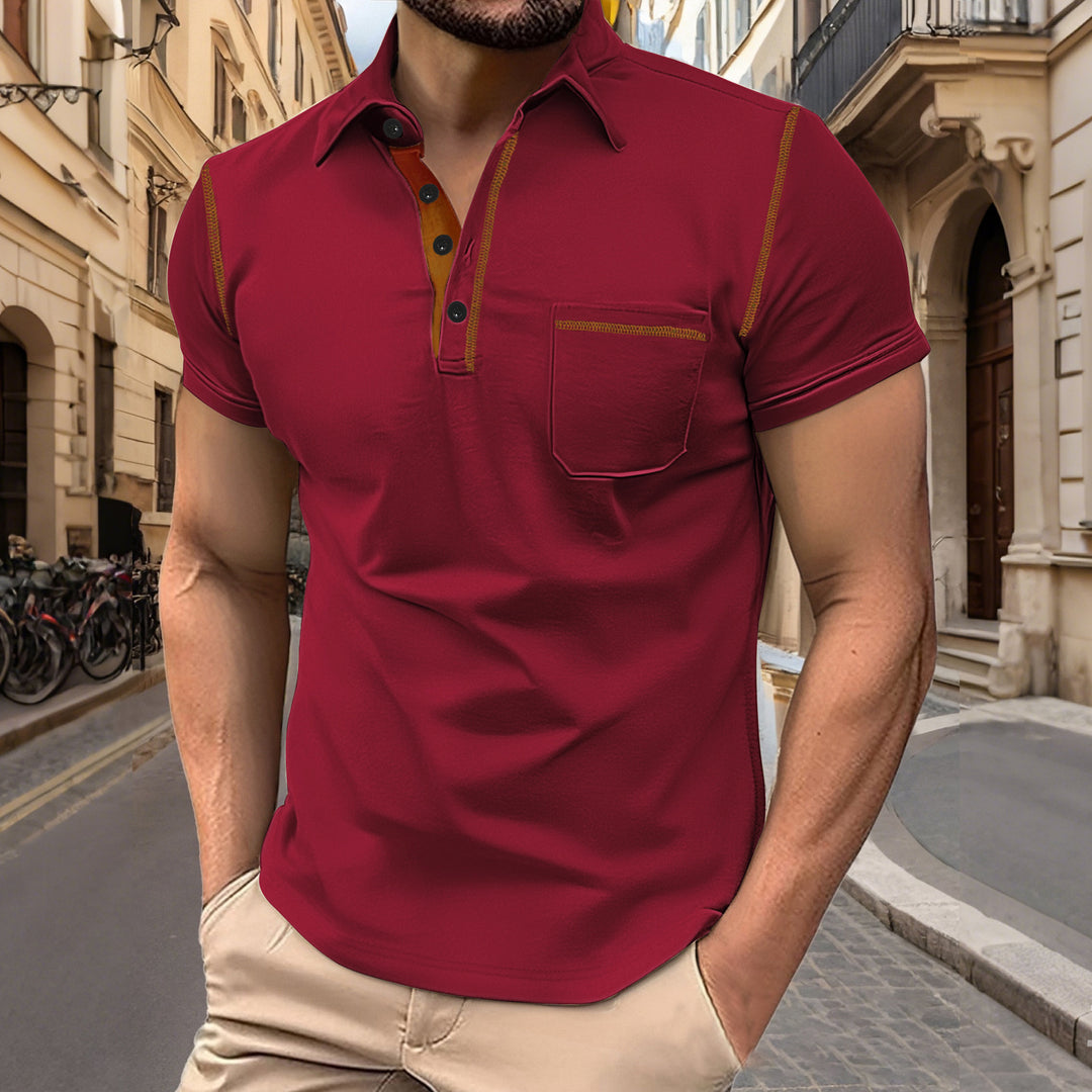 Men's short sleeve polo with chest pocket, contrasting quilted seam and shirt collar StylebySassy