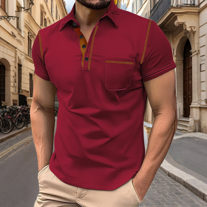 Men's short sleeve polo with chest pocket, contrasting quilted seam and shirt collar StylebySassy