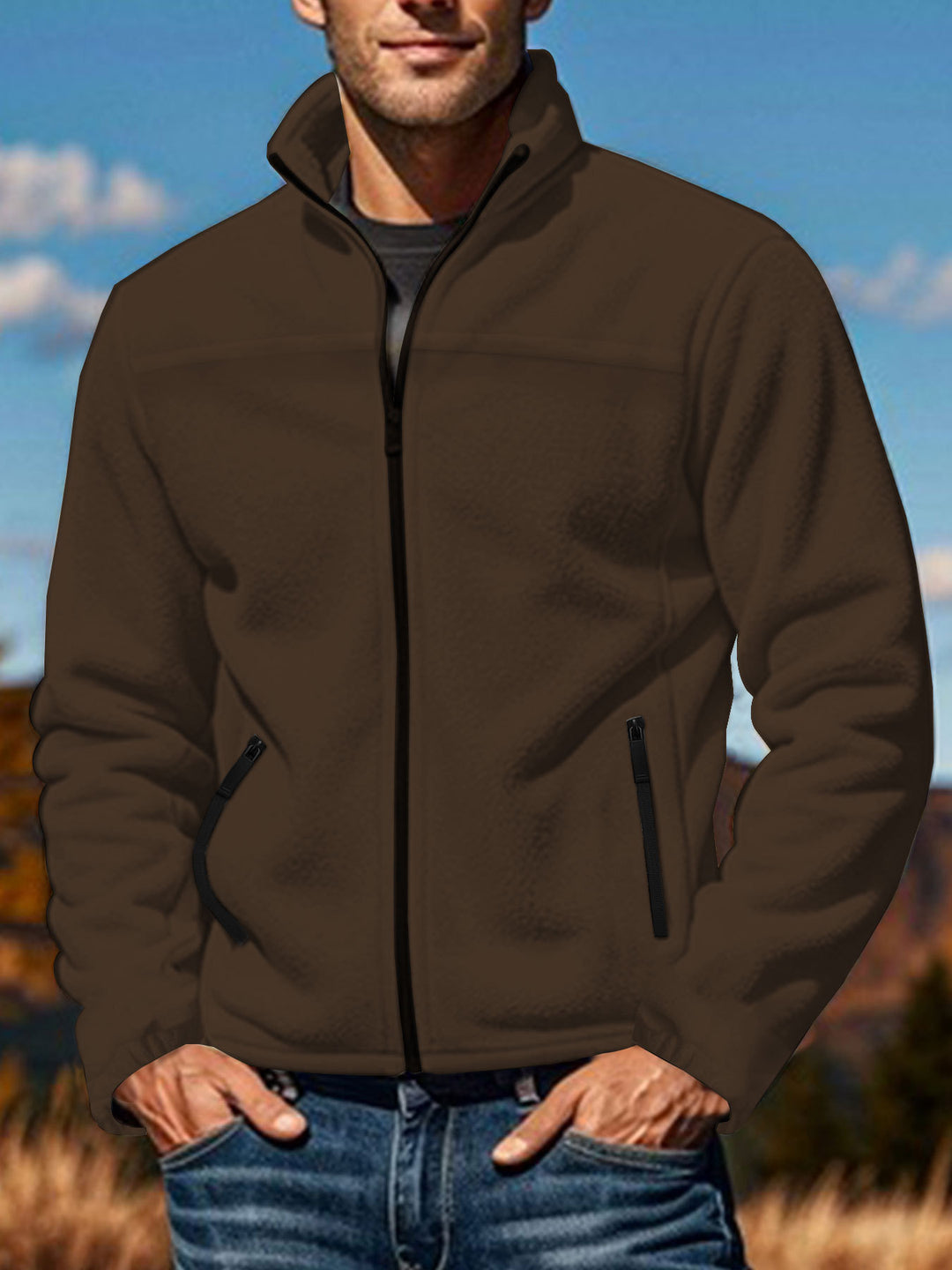 Men's fleece jacket with zipper, stand-up collar and zip pockets StylebySassy