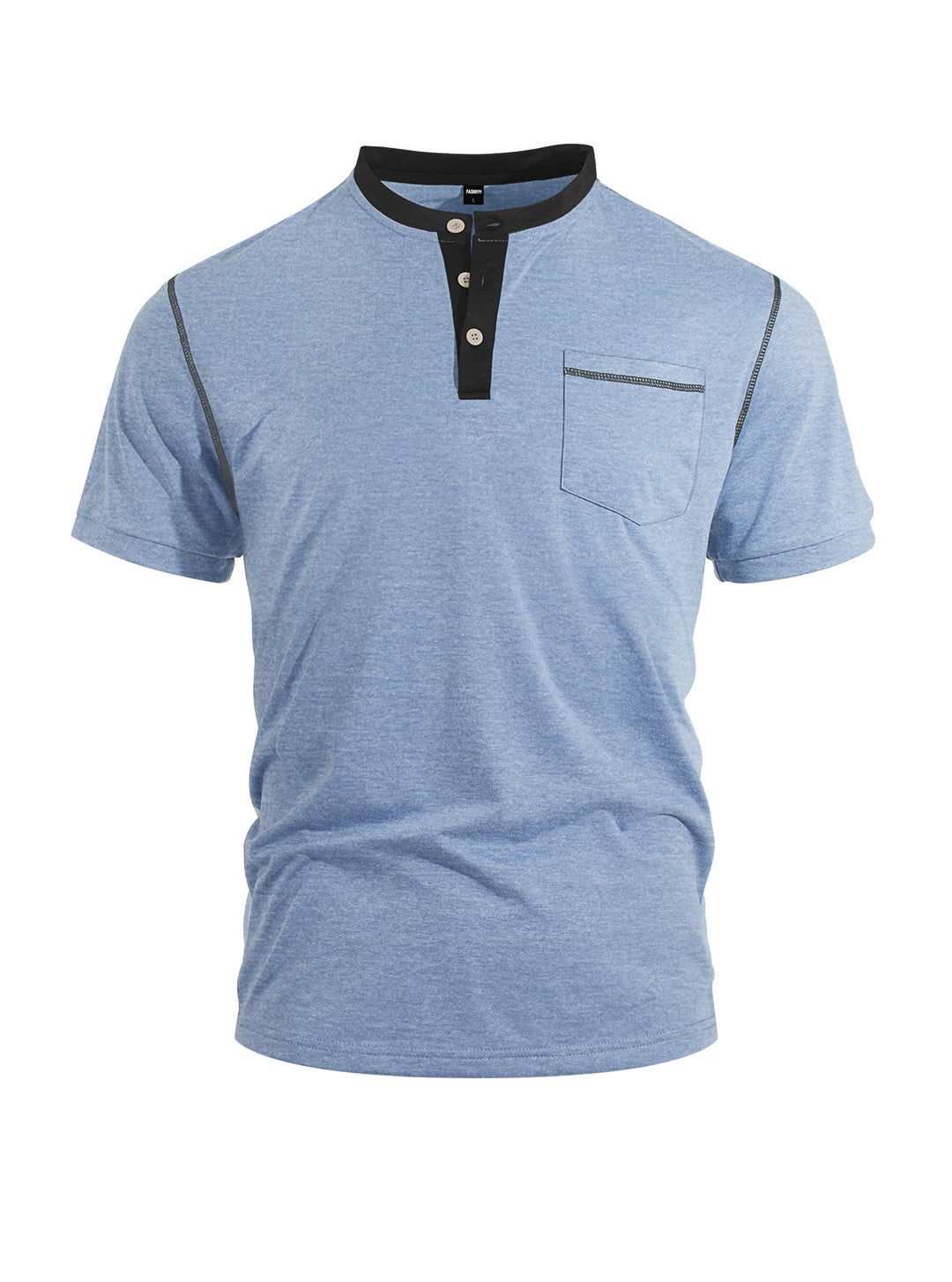 Men's short-sleeve band collar shirt with button placket, chest pocket, and flatlock seams StylebySassy