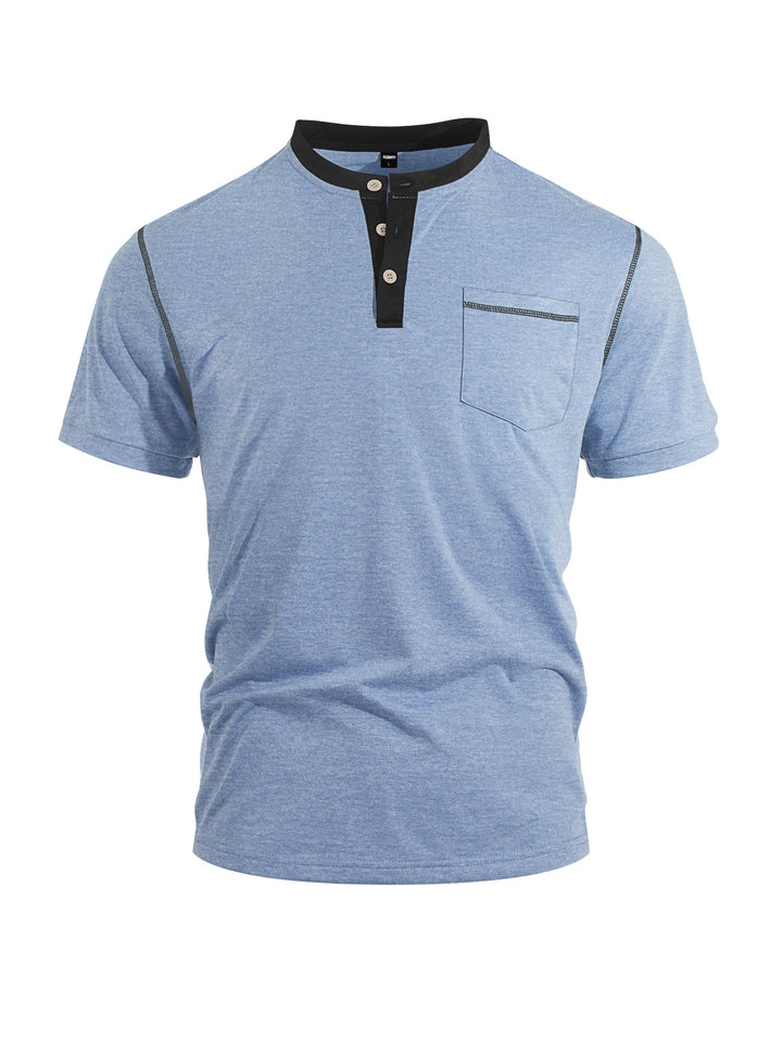 Men's short-sleeve band collar shirt with button placket, chest pocket, and flatlock seams StylebySassy