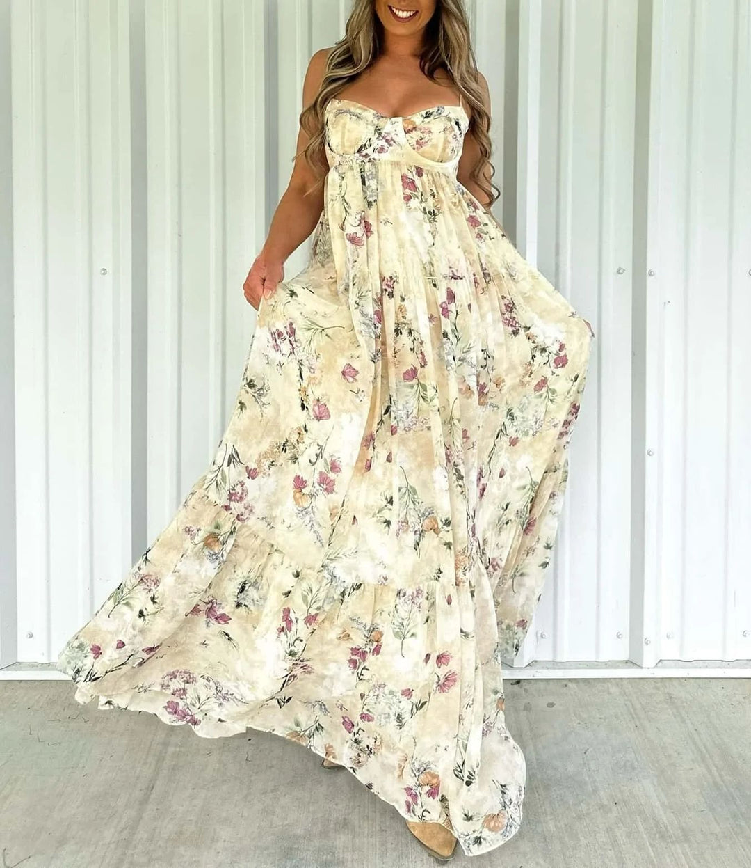 Women's strapless corset maxi dress with heart neckline, tiered ruffle skirt and nostalgic toile pattern StylebySassy