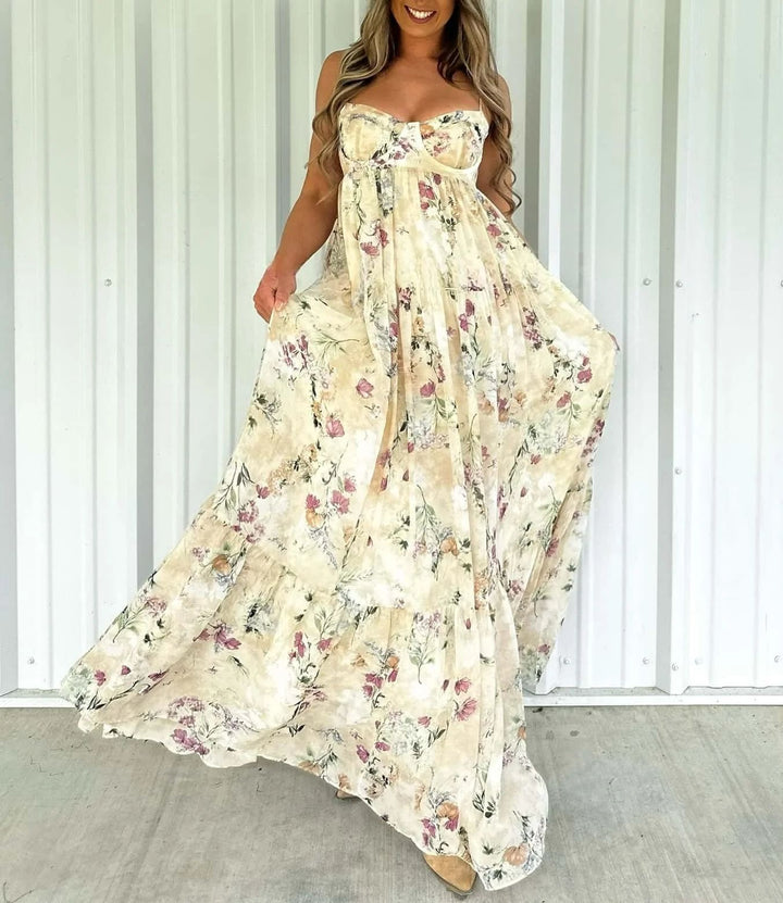 Women's strapless corset maxi dress with heart neckline, tiered ruffle skirt and nostalgic toile pattern StylebySassy
