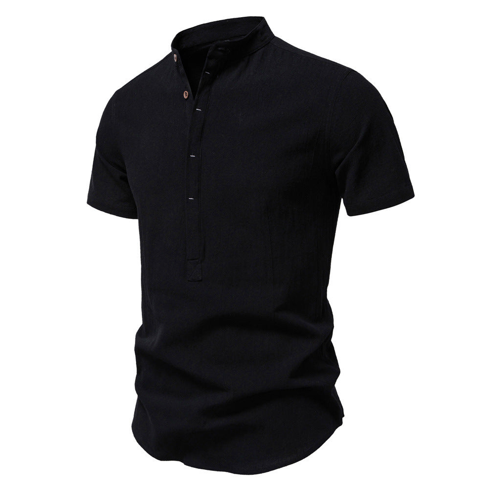 Men's casual short-sleeve shirt with stand-up collar, half button placket, and lightly textured cotton-linen quality StylebySassy