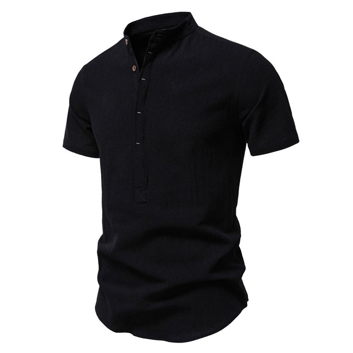 Men's casual short-sleeve shirt with stand-up collar, half button placket, and lightly textured cotton-linen quality StylebySassy