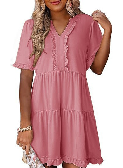 Women's lightweight swing dress with V-neck, tiered skirt and delicate ruffles StylebySassy