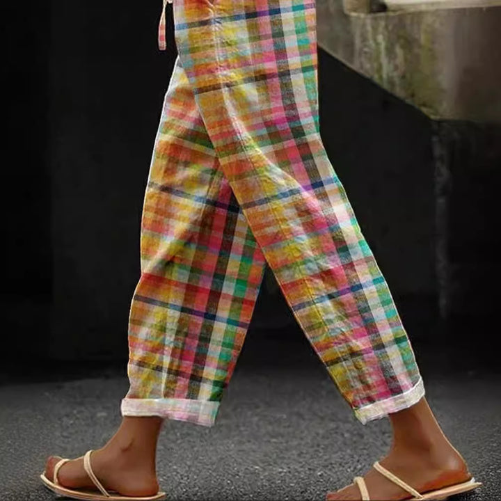 Women's casual checkered linen pants with elastic drawstring waistband and rolled hem StylebySassy