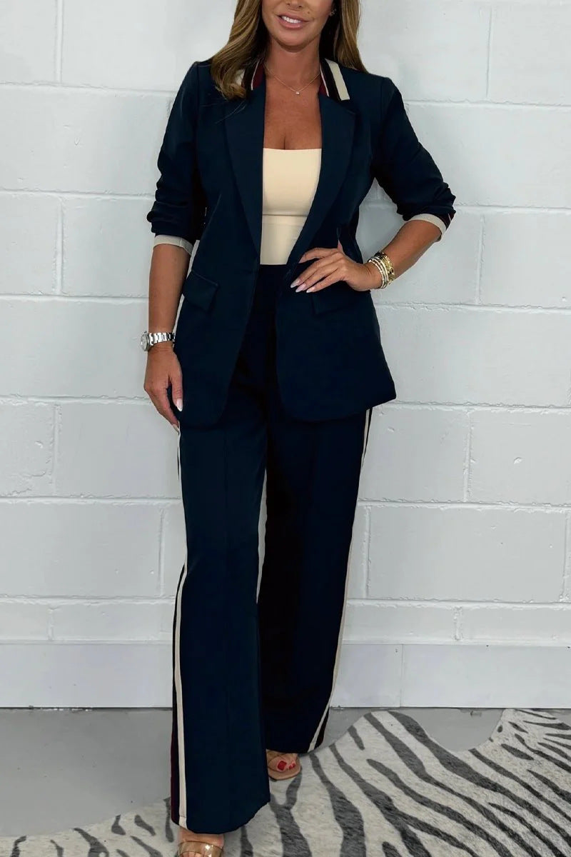 Women's fitted long blazer pant set with crease, wide leg and side piping StylebySassy