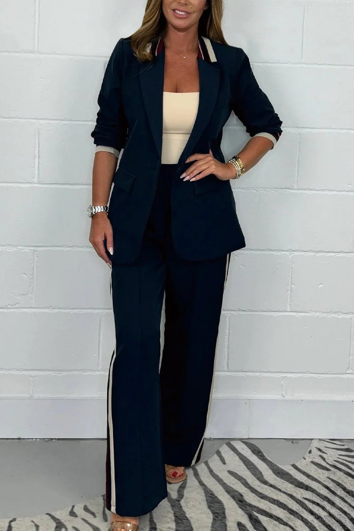 Women's fitted long blazer pant set with crease, wide leg and side piping StylebySassy