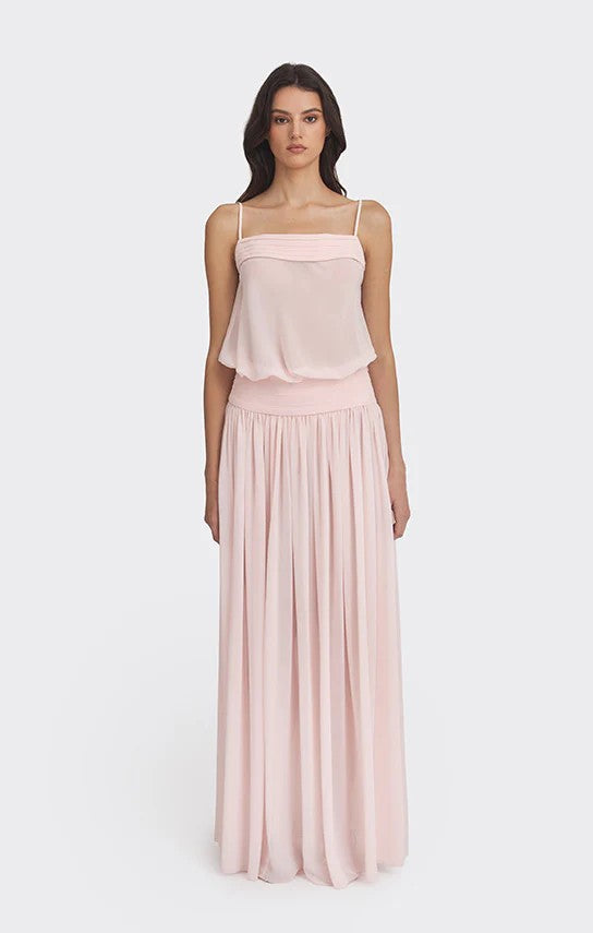 Women's maxi dress with flowing chiffon top and elastic waistband