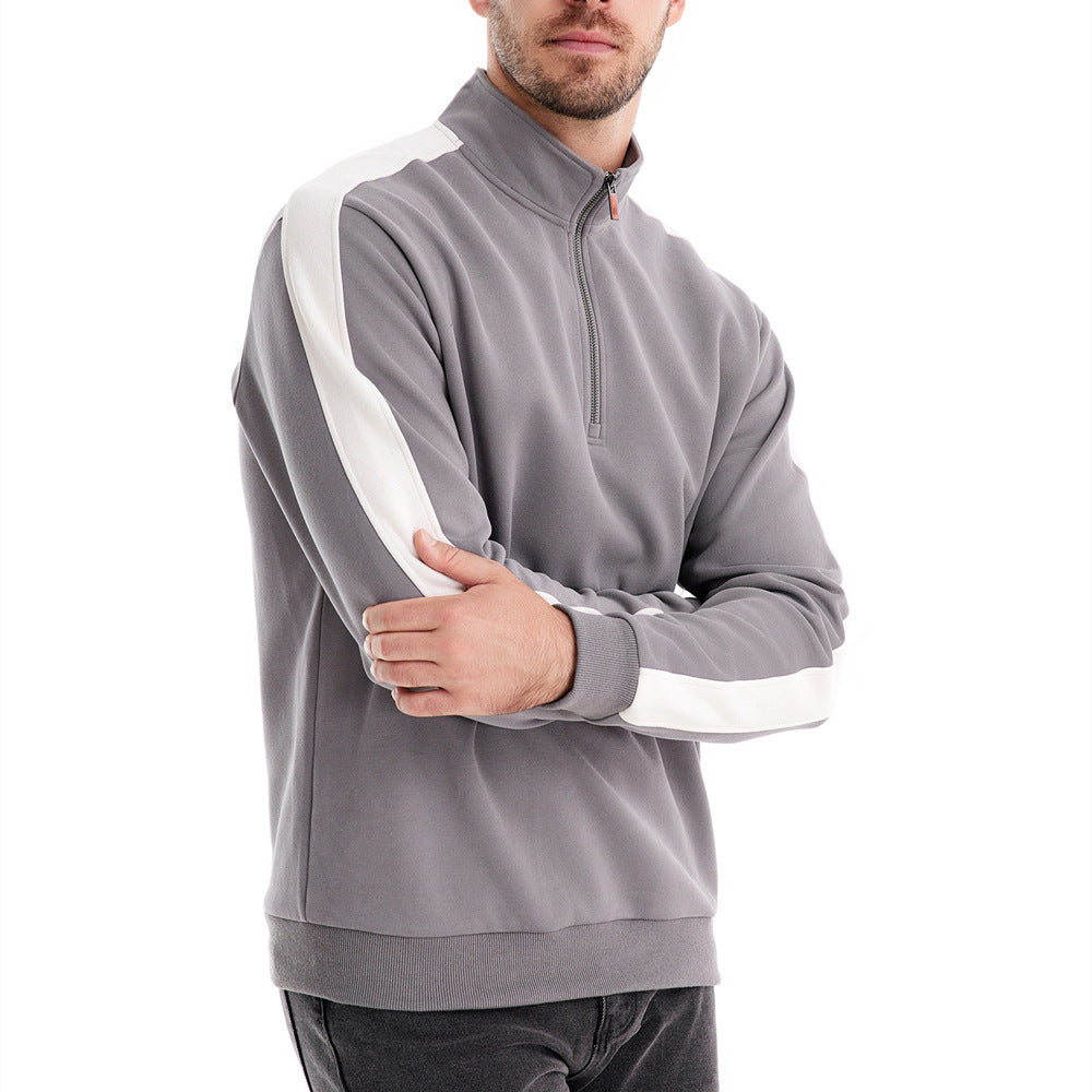 Men's stand-up collar sweater with short zipper and contrast side stripes StylebySassy