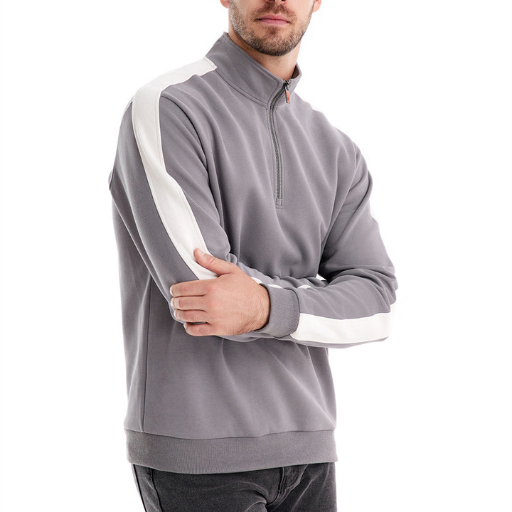 Men's stand-up collar sweater with short zipper and contrast side stripes StylebySassy