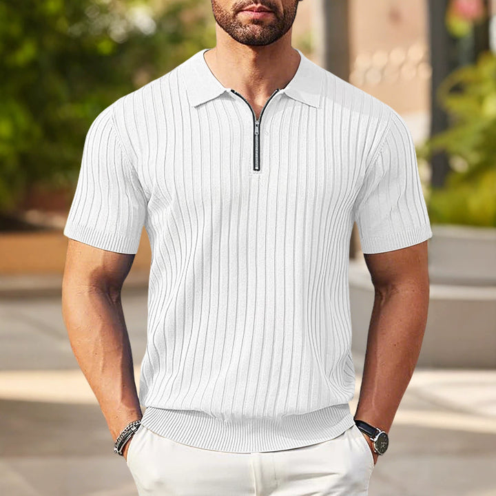 Men's elegant structured short sleeve knit polo with short metal zipper and shirt collar StylebySassy
