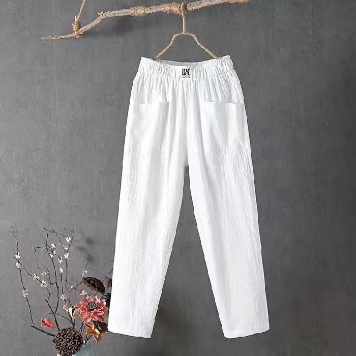 Women's straight-cut linen-look pants with elastic waistband and patch front pockets StylebySassy