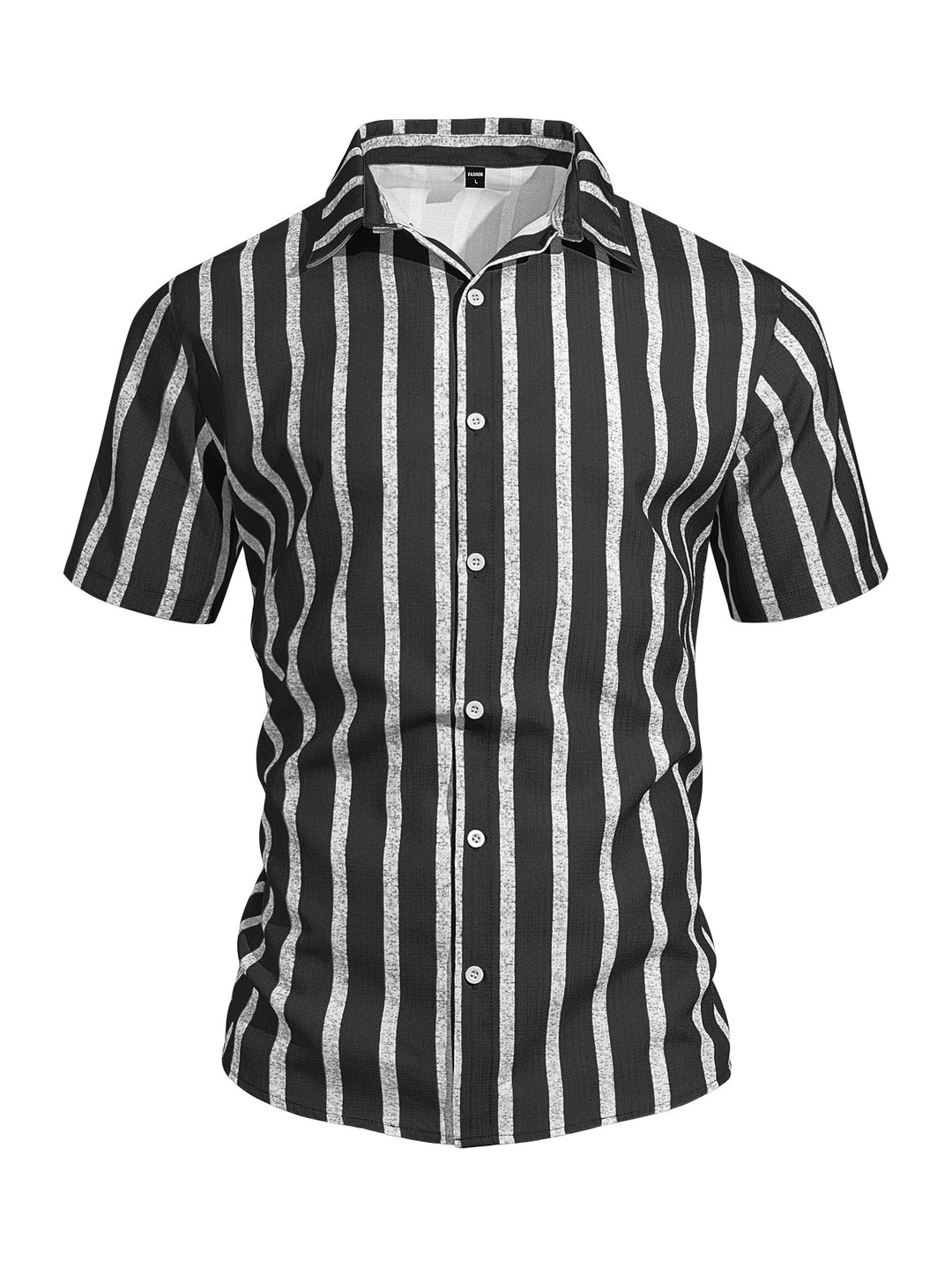 Men's casual short sleeve shirt with vertical block stripes, open lapel collar, and lightweight cotton-linen blend StylebySassy