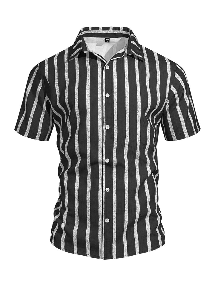 Men's casual short sleeve shirt with vertical block stripes, open lapel collar, and lightweight cotton-linen blend StylebySassy