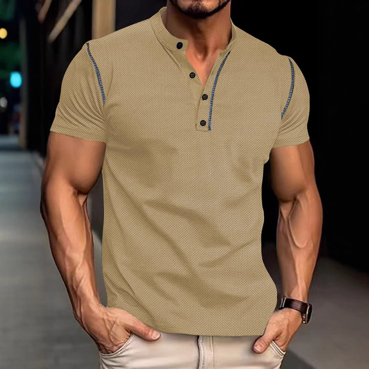 Men's tapered structured polo shirt with stand-up collar and decorative piping StylebySassy