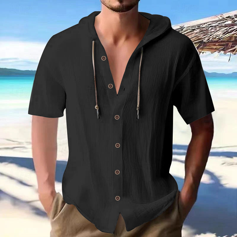 Men's lightweight short-sleeve hooded shirt with button placket and breathable cotton blend StylebySassy