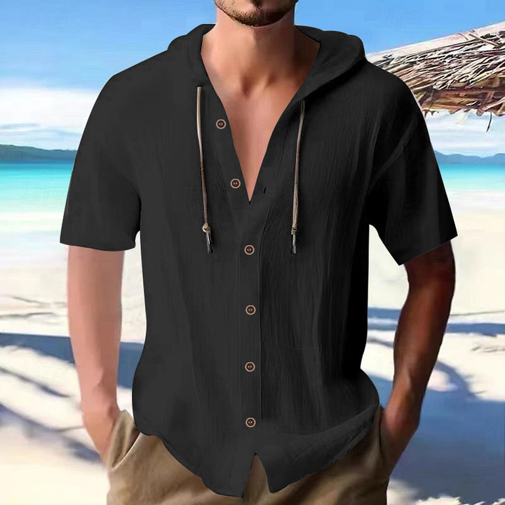 Men's lightweight short-sleeve hooded shirt with button placket and breathable cotton blend StylebySassy
