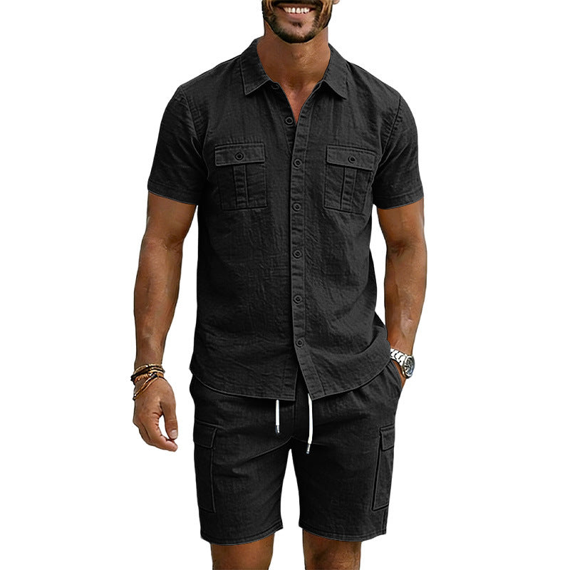 Men's summer short-sleeve shirt and cargo bermuda set made of linen blend with chest pockets and drawstring waistband StylebySassy