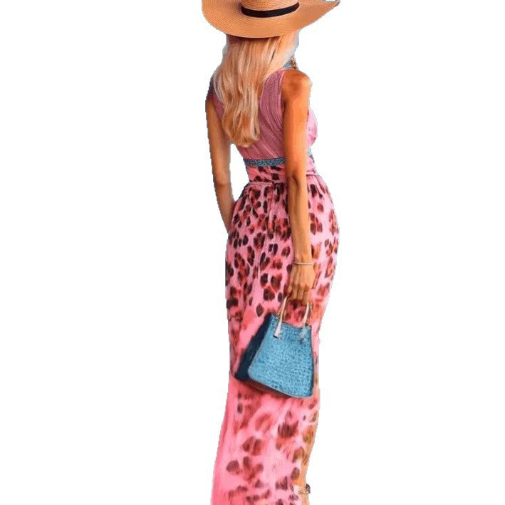 Women nan maxi dress with deep V-neck, braided halter, leopard print, pleated chiffon skirt, and side leg slit StylebySassy