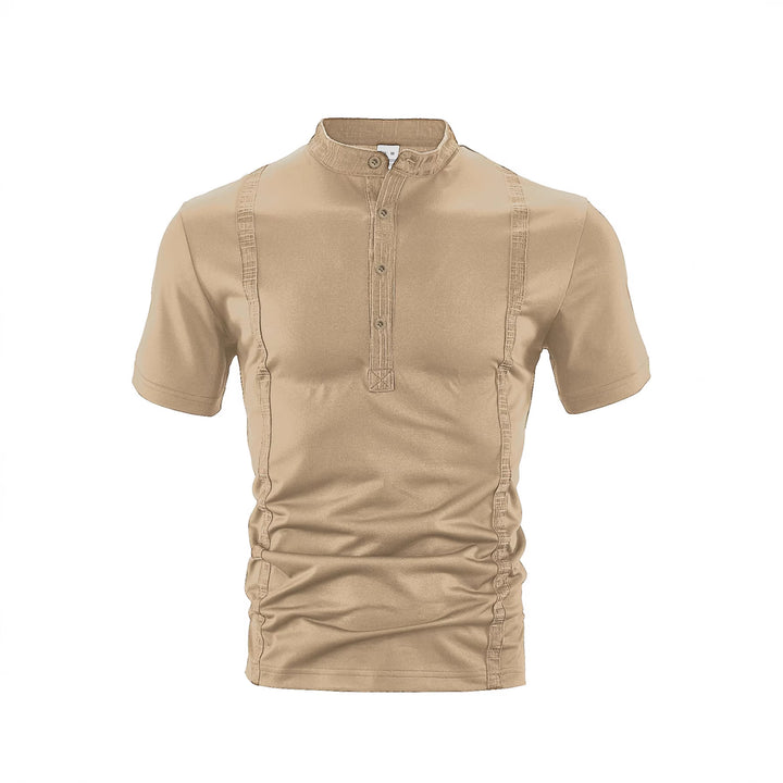 Men's short sleeve stand collar shirt with concealed button placket, decorative piping and fitted silhouette StylebySassy